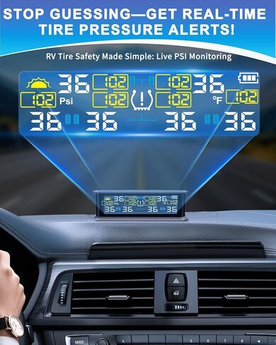 RV Tire Pressure Monitoring System, TPMS with 6 Sensors & 6 Alarm Modes, 0-144 PSI ±1.5PSI, Solar/USB Charging for Dually Trucks & Heavy-Duty Trailers in Kuwait