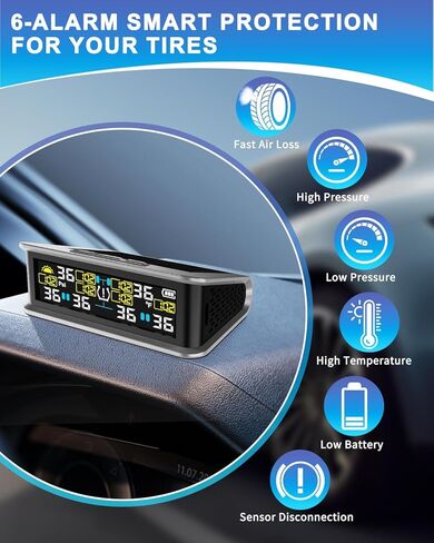 RV Tire Pressure Monitoring System, TPMS with 6 Sensors & 6 Alarm Modes, 0-144 PSI ±1.5PSI, Solar/USB Charging for Dually Trucks & Heavy-Duty Trailers in Kuwait