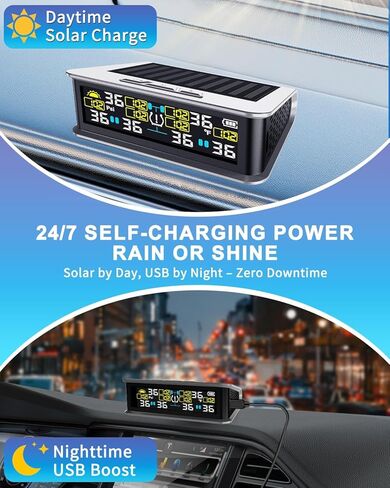 RV Tire Pressure Monitoring System, TPMS with 6 Sensors & 6 Alarm Modes, 0-144 PSI ±1.5PSI, Solar/USB Charging for Dually Trucks & Heavy-Duty Trailers in Kuwait