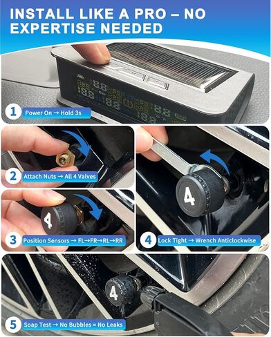 RV Tire Pressure Monitoring System, TPMS with 6 Sensors & 6 Alarm Modes, 0-144 PSI ±1.5PSI, Solar/USB Charging for Dually Trucks & Heavy-Duty Trailers in Kuwait