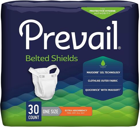 Prevail Incontinence Belted Shields - Unisex Adult Incontinence Belted Shields - Disposable Adult Belted Shield for Men& Women - Extra Absorbency - 30 Count Bag in Kuwait
