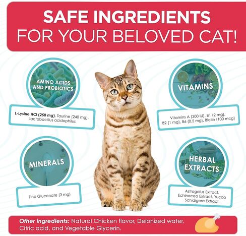 Liquid L Lysine for Cats – Aid for Watery Eyes, Sneezing & Allergy – Supplement with Taurine & Vitamins for All Breeds – Cat Probiotic for Digestion Care – Natural Chicken Flavor – 2 oz + 2 oz Pack in Saudi Arabia