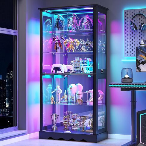 Dystler Display Cabinet with Glass Doors, 71'' Tall Curio Cabinet with RGB Lights for Collectibles, LED Display Case with Removable Shelf for Book/Medal/Figure, Black in Kuwait