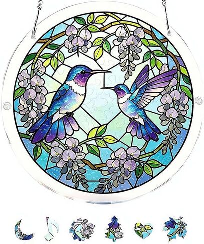 Acrylic Puzzles Sun Catcher Window Hanging, 83 Pieces Green Hummingbird Sun Catcher for Women Men Mom Birthday Gift Home Decor, DIY Suns Catchers Kits for Adults, 7.87'' in Saudi Arabia