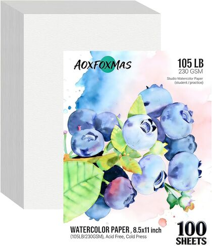 AOXFOXMAS 100 Sheets Watercolor Paper Bulk 8.5x11 Inch, 105LB/230GSM Cold Press Acid-Free Heavyweight Art Paper for Students & Beginners, Painting, Printing, Scanning & Crafting in Kuwait