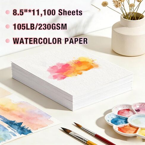 AOXFOXMAS 100 Sheets Watercolor Paper Bulk 8.5x11 Inch, 105LB/230GSM Cold Press Acid-Free Heavyweight Art Paper for Students & Beginners, Painting, Printing, Scanning & Crafting in Kuwait