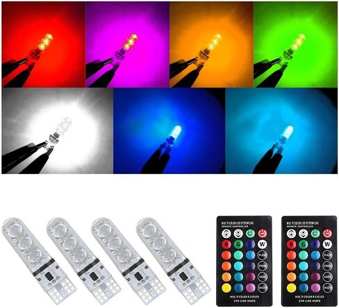 4 قطع سيارة T10 RGB LED لمبة ضوء عرض مع جهاز تحكم عن بعد، W5W 194 168 ضوء ستروب لمصباح قراءة باب قبة الخريطة، لمبة LED متعددة الأوضاع 5050 استبدال إسفين، عالمية للمركبات in Kuwait