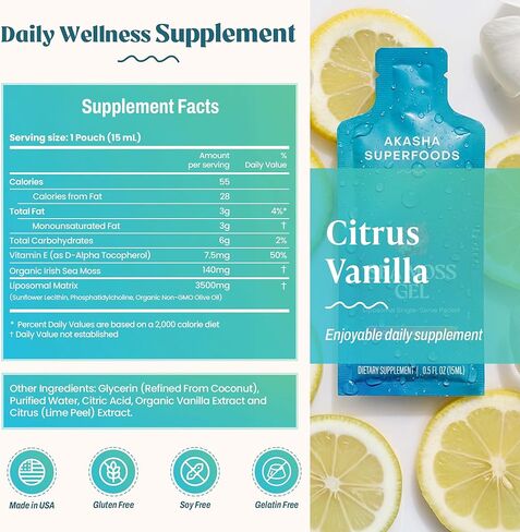 Akasha Superfoods Organic Irish Sea Moss Gel - 30x15ml Sachets I Liposomal Seamoss, On-The-Go Raw Vitamins for Digestion, Immunity, Healthy Skin & Hair, Maximized Nutrient Absorption, Vegan Supplement in Saudi Arabia