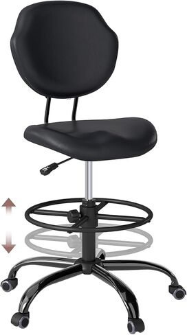 Drafting Chair with Back Support, Tall/High Desk Rolling Stool with Footrest Ring, Faux Leather Office Chair with Height Adjustable for Standing Desk, Home Office, Bar, Workbench & Kitchen(Black) in Kuwait