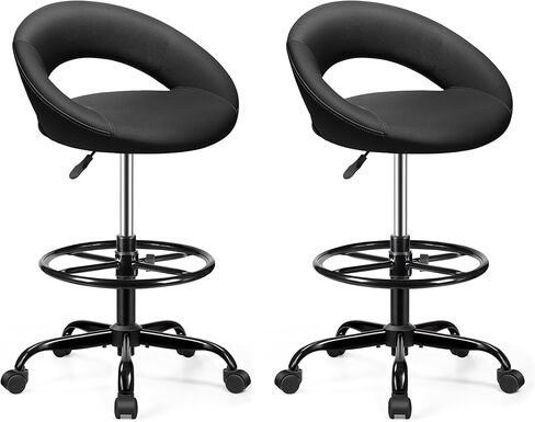 BESTFAIR Office Drafting Chair - Bar Stools with Back Support, Adjustable Foot Rest and Wheels, Shop Rolling Swivel Chair for Standing Desk Counter Kitchen Salon Home Vanity, Black in Kuwait
