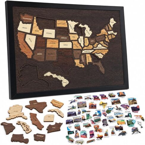 Wooden USA Travel Map, 12x10, Puzzle United States Journey Tracker Maps with 51PCS US States Stickers, Rv Vacations Home Classroom Wall Art Home Decor for Couple Family in Kuwait