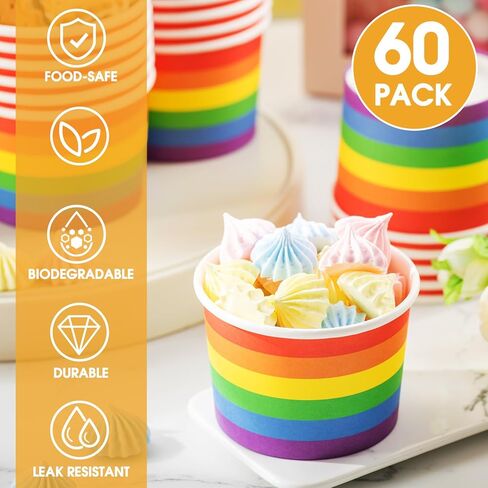 Sabary 60 Pieces Rainbow Pride Ice Cream Cups Colorful Stripe Disposable Dessert Bowls Paper Soup Bowls Pride Snack Cups for Hot or Cold Food for Birthday Carnival Pride Party Supplies (Fresh Style) in Saudi Arabia