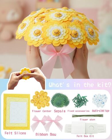 BAZIMA DIY Felt Flower Art Craft Kit,Smiling Sun Bouquet Making Kit, Floral Gifts,Beginner Craft Kit, Arrange Pre-Cut Felt Flowers, Ideas for Art Project Activity,24 Felt Flowers. in Kuwait