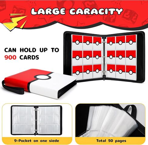 Card Binder 9 Pocket, 900 Pockets Extra Large Trading Card Binder with Zipper, PU Leather Waterproof Card Album Holder, 3-Ring Collectible Card Book for TCG, MTG, Game Cards，Red & White in Kuwait