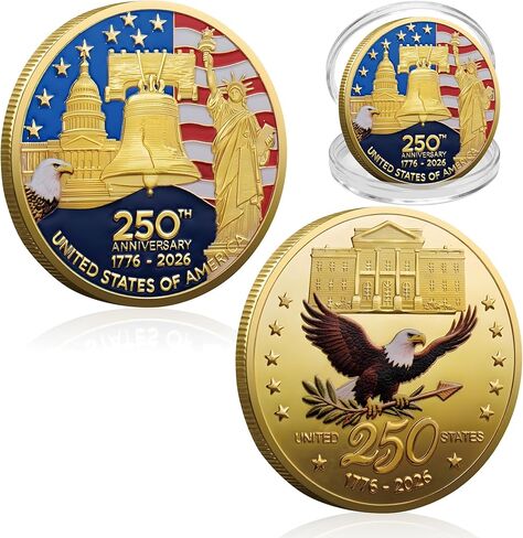 1.57-Inch 250th Anniversary Commemorative Coin, American Flag & Liberty Bell Design Collectible Coin, United States Patriotic (1PC) in Kuwait