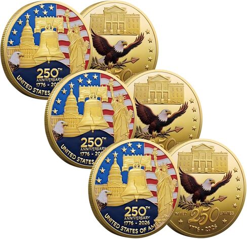 عملة تذكارية للذكرى السنوية الـ 250 مقاس 1.57 بوصة، عملة قابلة للجمع بتصميم العلم الأمريكي وجرس الحرية، وطنية للولايات المتحدة (قطعة واحدة) in Kuwait