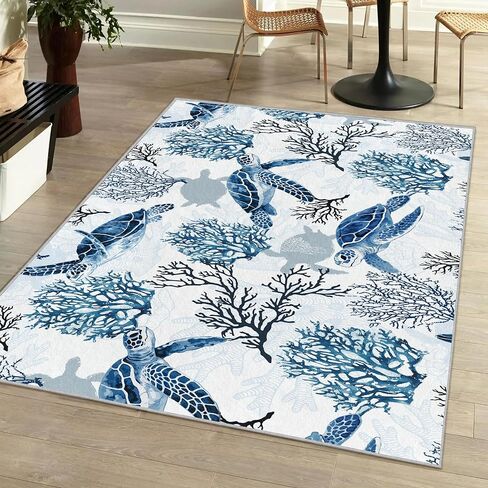 Coastal Rug Nautical Rug for Bedroom Living Room, Soft Low Velvet Carpet, Washable Beach Rug Ocean Rugs Beach Area Rug Modern Blue Sea Turtle, 2x3 in Saudi Arabia