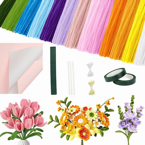 مجموعة منظفات الأنابيب SPRFAIRY 760 قطعة من منظفات الأنابيب الملونة DIY مجموعة الزهور 13 لونًا من الشنيل مع شريط أسلاك الأزهار البستنة والسداة وورق تغليف الأزهار للوازم الفنية والحرفية in Kuwait