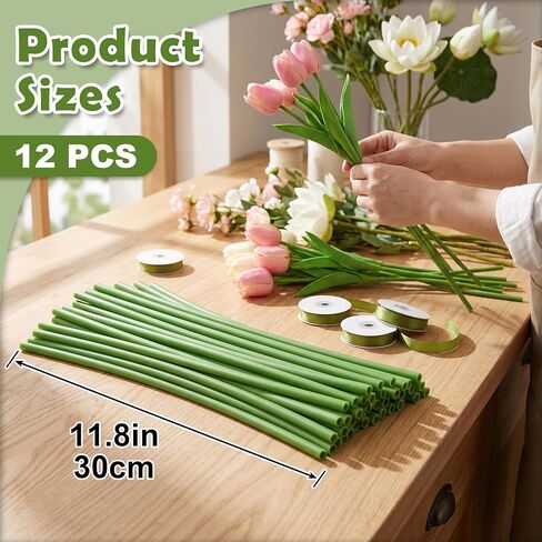 12 Pcs Green Tubular Floral Stems Wire, 11.8 Inches Floral Stems Wrap for Paper Flower, Artificial Flower Stem Covers Tubes for Bouquet Wrapping, DIY Crafts in Kuwait