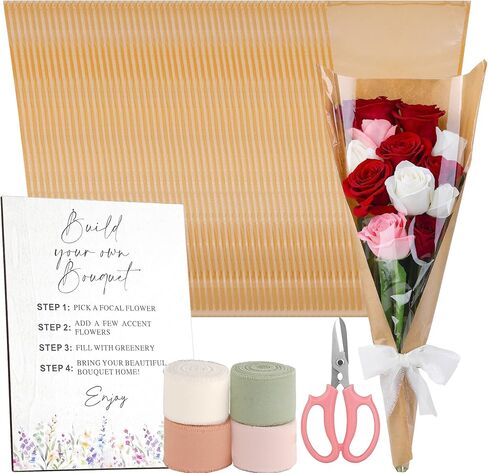 AXQMY 86 Pcs Flower Bar Supplies Include Flower Bar Sign, 80 Clear Bouquet Wrapping Bags, 2 Garden Scissors, Light Pink Green White Orange Chiffon Ribbons for Wedding, Bridal Shower, Garden Party in Kuwait