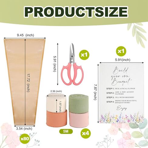 AXQMY 86 Pcs Flower Bar Supplies Include Flower Bar Sign, 80 Clear Bouquet Wrapping Bags, 2 Garden Scissors, Light Pink Green White Orange Chiffon Ribbons for Wedding, Bridal Shower, Garden Party in Kuwait