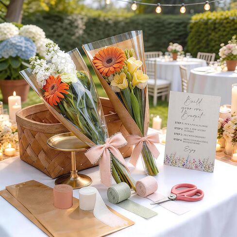 AXQMY 86 Pcs Flower Bar Supplies Include Flower Bar Sign, 80 Clear Bouquet Wrapping Bags, 2 Garden Scissors, Light Pink Green White Orange Chiffon Ribbons for Wedding, Bridal Shower, Garden Party in Kuwait