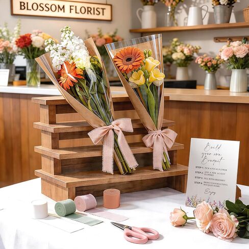 AXQMY 86 Pcs Flower Bar Supplies Include Flower Bar Sign, 80 Clear Bouquet Wrapping Bags, 2 Garden Scissors, Light Pink Green White Orange Chiffon Ribbons for Wedding, Bridal Shower, Garden Party in Kuwait