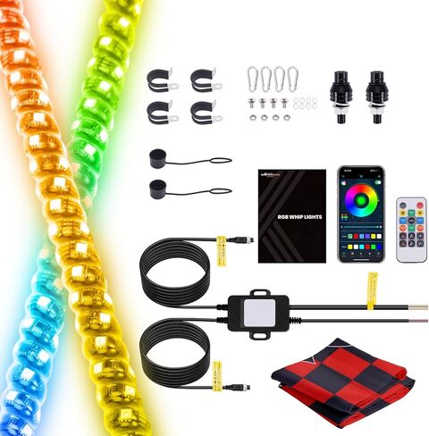 مصابيح سوط maxpeedingrods بطول 1 قدم، سوط LED 2 قطعة مع وضع موسيقى التطبيق، سوط مضاء للمطاردة الحلزونية RGB مع استجابة قيادة التحكم عن بعد، ضوء إشارة لدراجة نارية Polaris RZR SXS للطرق الوعرة UTV ATV in Kuwait