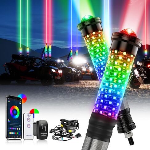 CO LIGHT 1FT 2 في 1 أضواء سوط LED للدهون مع جهاز التحكم عن بعد والتحكم في التطبيق 360 درجة حلزوني متعدد الألوان وأوضاع المطاردة لـ RZR Can-Am Polaris UTV ATV قطعتين in Kuwait