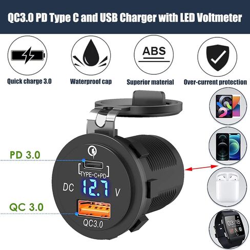لوحة مفاتيح هزازة مقاومة للماء من 6 مجموعات مع شاحن USB PD Type C وQC 3.0، الفولتميتر، للسيارات والشاحنات والقوارب والمركبات الترفيهية (12 فولت - 24 فولت) in Kuwait