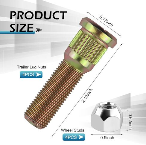 5 Pack 1/2" 20 Wheel Studs and Lug Nuts Kit, High-Strength Trailer Wheel Tire Studs & Lug Nuts, Wheel Stud Bolt Kit Replace #007-122-00, 00712200, Universal Tire Stud for Most Cars (Gold) in Kuwait