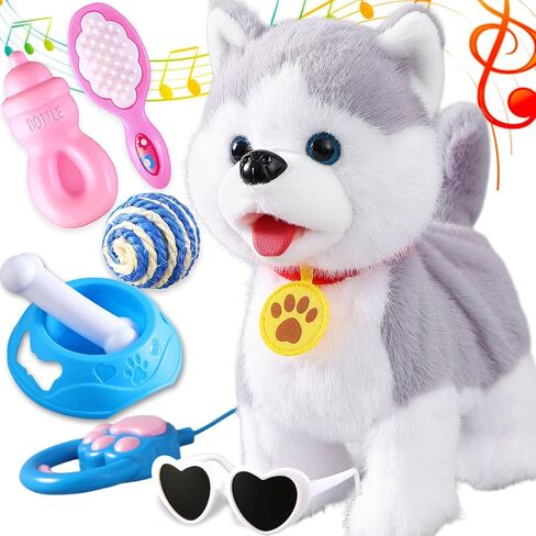 HCdoujoy Walking Barking Singing Husky Puppy Toy, Repeats What You Say, Realistic Licking Tongue Wagging Tail Mechanical Dog with Touch or Voice Control, Interactive Music Dancing Plush Pet for Kids in Kuwait