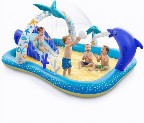 Kiddie Pool with Slide Inflatable Play Center Wading Lounge Kids Pool, Coconut Palm Sprinkler, Water Game Play Center, 95''x75''x40'', White (Blue-White) in Kuwait