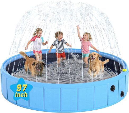 Foldable Dog Pool with Sprinkler, 97 in Extra Large Dog Swimming Pool, 2-in-1 Outdoor Collapsible Pet Bathing Tub for Pets Dogs Cats and Kids in Kuwait