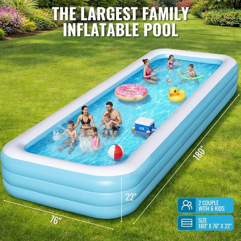 Large Inflatable Pool 180" x 76" x 22" Oversized Swimming Pool for Kids and Adult, Family Blow Up Pool with Air Pump, Durable Thickened Backyard Kiddie Pool for Outdoor, Garden, Summer Water Party in Kuwait