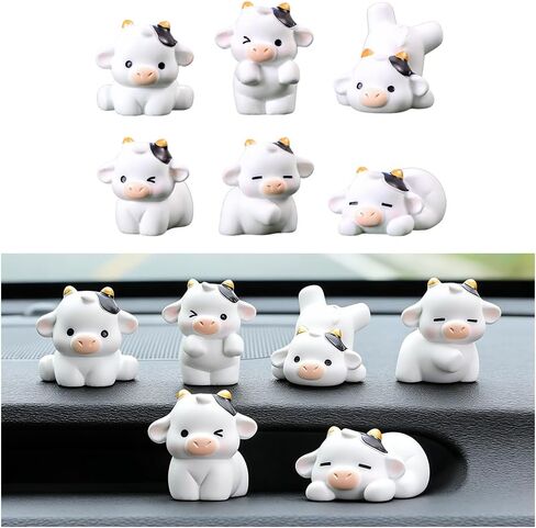 6PCS Cute Cow Car Dashboard Ornaments Set, Mini Cow Print Funny Luminous Adorable Vehicle Rear View Mirror Decorations, Automotive Interior Touchscreen Ornaments, Universal Fit in Kuwait