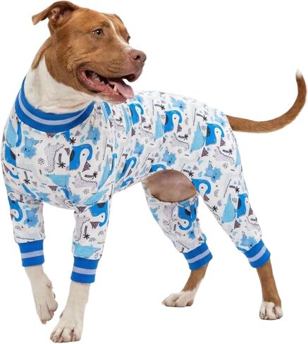 LovinPet Dog Onesies لتساقط الكلاب الكبيرة، قميص داخلي للكلاب الكبيرة، بيجامة للكلاب، قماش فلانيل خفيف الوزن وقابل للتمدد، طباعة أبجدية لسفينة نوح بيضاء، حماية من الأشعة فوق البنفسجية، سهل الارتداء، كبير in Kuwait