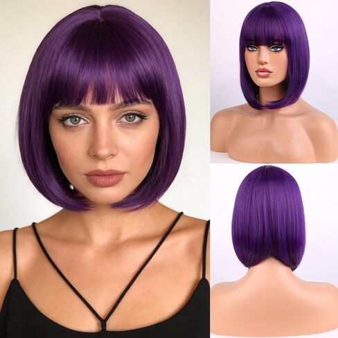 Short Straight Black Bob Wigs with Bangs for Women Girls Synthetic Cosplay Party Daily Use Wig with Wig Cap in Saudi Arabia