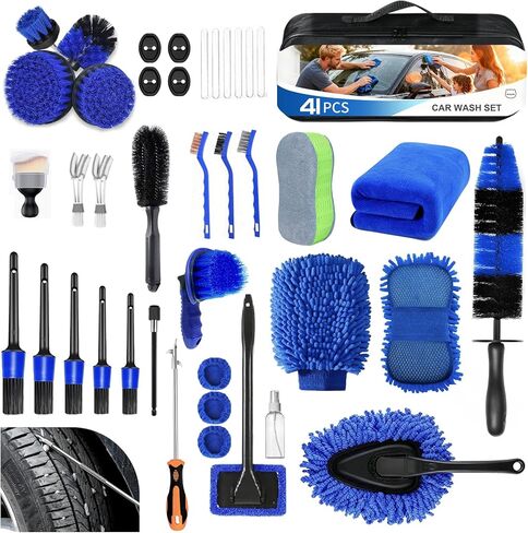 41Pcs Professional Car Detailing Kit, Car Wash Kit with Portable Handbag, Wet and Dry Use Car Cleaning Kit, Durable Drill Brush, Apply to Interior, Exterior, Wheels, Trucks, Motorcycles in Kuwait
