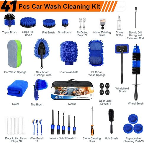 41Pcs Professional Car Detailing Kit, Car Wash Kit with Portable Handbag, Wet and Dry Use Car Cleaning Kit, Durable Drill Brush, Apply to Interior, Exterior, Wheels, Trucks, Motorcycles in Kuwait