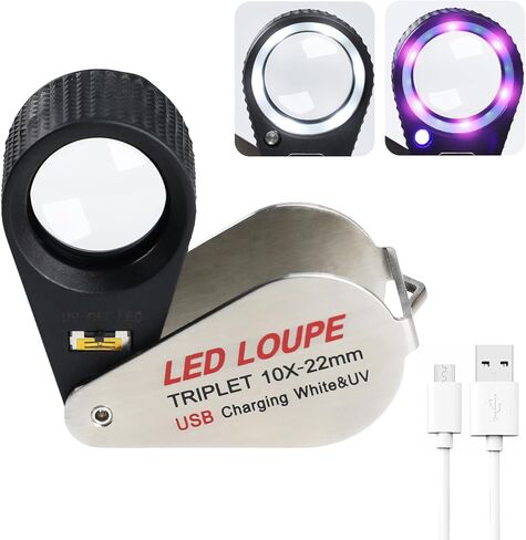 10X Rechargeable Jewelers Loupe with LED & UV Lights, Illuminated Magnifier Foldable, 22mm Triplet Lens, Pocket Eye Loupe for Inspecting Jewelry, Gems, Coins, Stamps, Watch Repair Loop in Kuwait