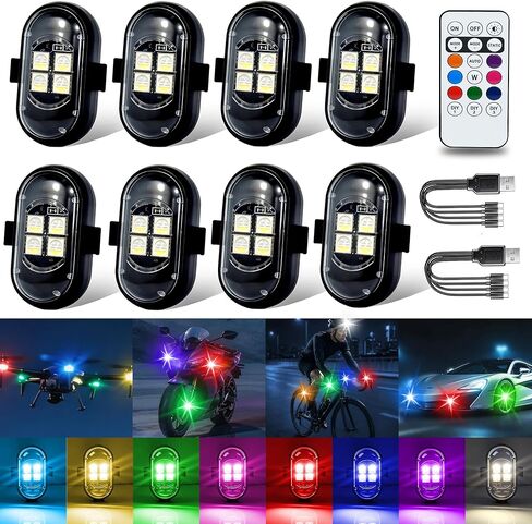Wireless LED Lights for Car, 8 Pack Remote Control Strobe Lights, 8 Colors 10 Flash Modes, USB-C Charging Waterproof Anti-Collision Warning Lights for Car Truck Motorcycle Bike Drone in Kuwait