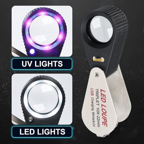 10X Rechargeable Jewelers Loupe with LED & UV Lights, Illuminated Magnifier Foldable, 22mm Triplet Lens, Pocket Eye Loupe for Inspecting Jewelry, Gems, Coins, Stamps, Watch Repair Loop in Kuwait