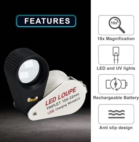 10X Rechargeable Jewelers Loupe with LED & UV Lights, Illuminated Magnifier Foldable, 22mm Triplet Lens, Pocket Eye Loupe for Inspecting Jewelry, Gems, Coins, Stamps, Watch Repair Loop in Kuwait