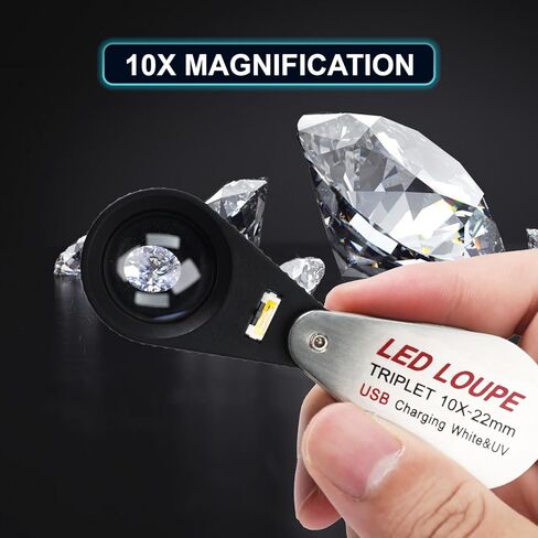 10X Rechargeable Jewelers Loupe with LED & UV Lights, Illuminated Magnifier Foldable, 22mm Triplet Lens, Pocket Eye Loupe for Inspecting Jewelry, Gems, Coins, Stamps, Watch Repair Loop in Kuwait