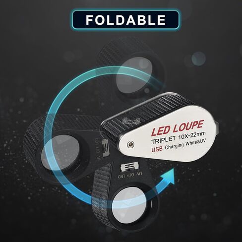 10X Rechargeable Jewelers Loupe with LED & UV Lights, Illuminated Magnifier Foldable, 22mm Triplet Lens, Pocket Eye Loupe for Inspecting Jewelry, Gems, Coins, Stamps, Watch Repair Loop in Kuwait