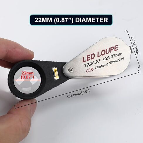 10X Rechargeable Jewelers Loupe with LED & UV Lights, Illuminated Magnifier Foldable, 22mm Triplet Lens, Pocket Eye Loupe for Inspecting Jewelry, Gems, Coins, Stamps, Watch Repair Loop in Kuwait