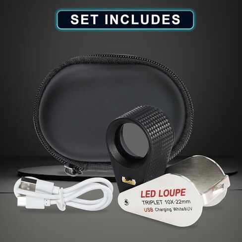 10X Rechargeable Jewelers Loupe with LED & UV Lights, Illuminated Magnifier Foldable, 22mm Triplet Lens, Pocket Eye Loupe for Inspecting Jewelry, Gems, Coins, Stamps, Watch Repair Loop in Kuwait