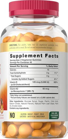 Carlyle Vitamin D3 + K2 Gummies | 90 Count | 5,000 IU of D3 + 100 mcg MK7 | Vegetarian, Non-GMO, and Gluten Free Vitamin Supplement in Saudi Arabia