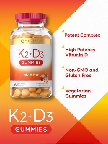 Carlyle Vitamin D3 + K2 Gummies | 90 Count | 5,000 IU of D3 + 100 mcg MK7 | Vegetarian, Non-GMO, and Gluten Free Vitamin Supplement in Saudi Arabia